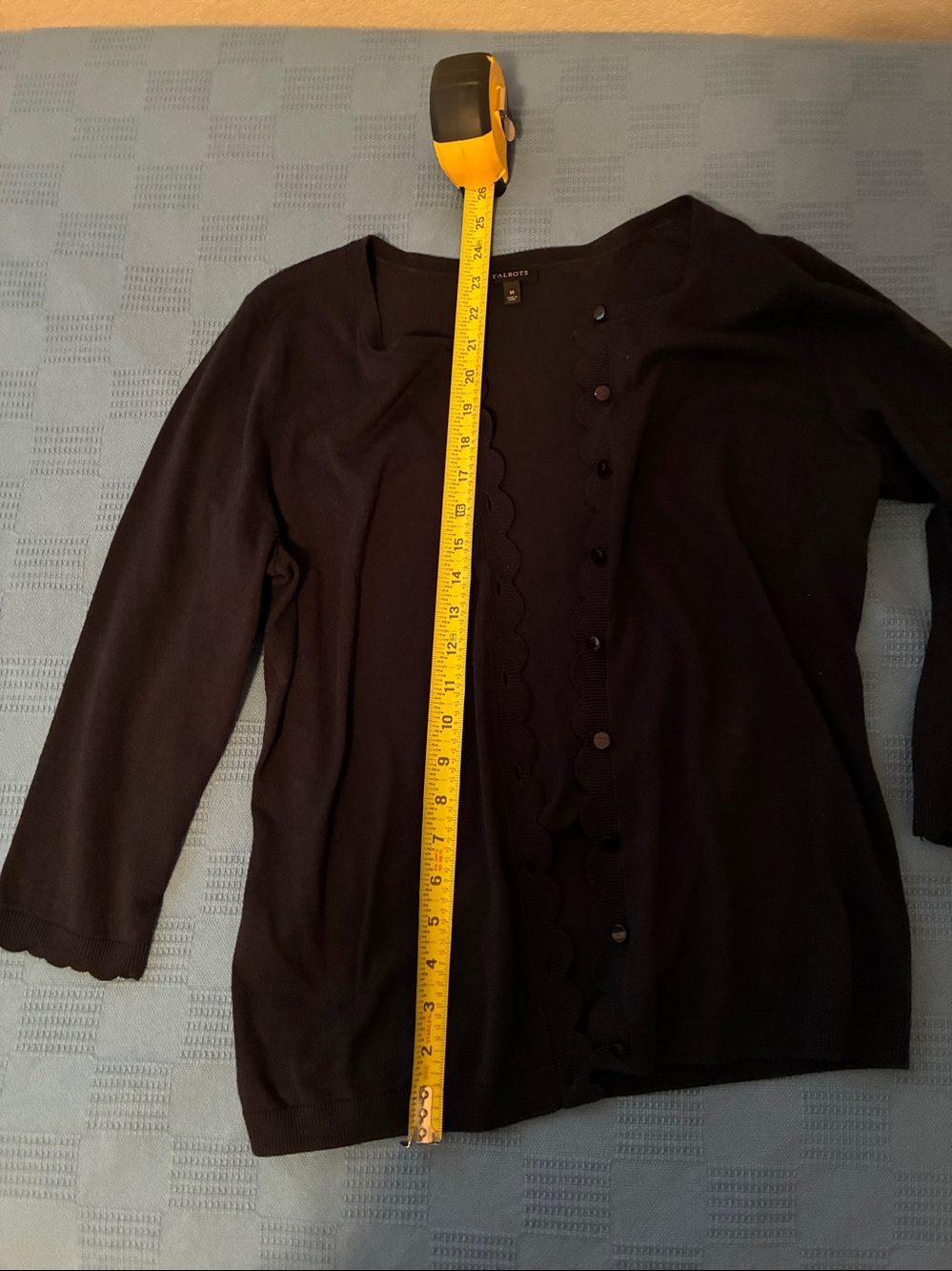Talbots Black 3/4 sleeve Knit Cardigan with Scalloped Placket